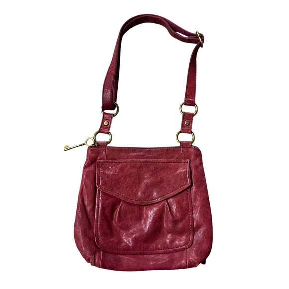 Fossil Red Leather Crossbody Purse 1954 Adjustable Strap Brass Accents READ - Picture 3 of 15